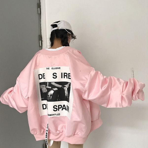 

harajuku bomber jacket women letter print loose windbreaker coats autumn winter long sleeve zipper jackets oversized outwear, Black;brown