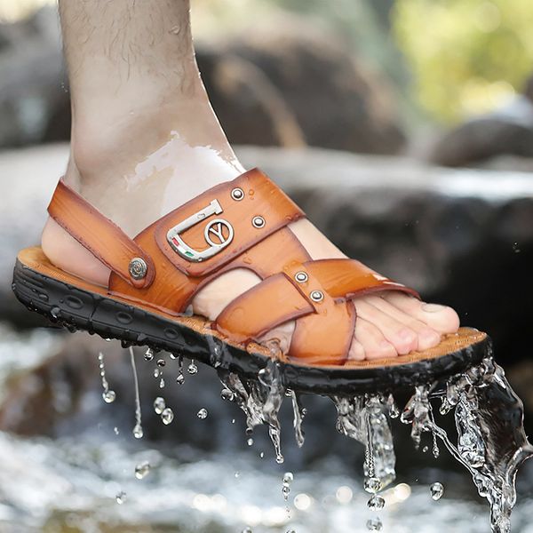 

2019 fashion shoes men beach sandals leather casual mens sandals flat male summer holiday shoes a1244, Black