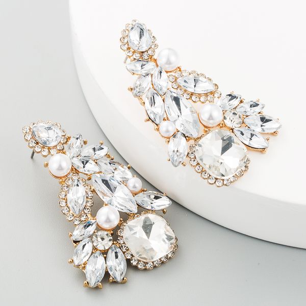 

korean earings fashion jewelry 2020 super flash crystal rhinestone flower drop earrings with big pearl tassel earrings, Silver