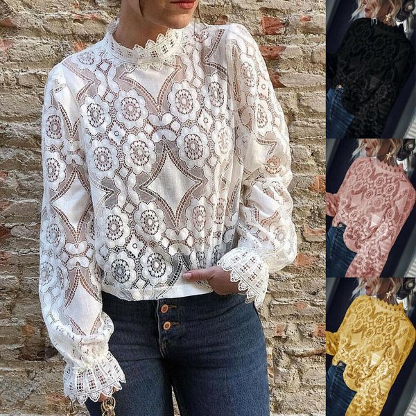 

new fashion summer womens ladies long sleeve lace hollow out baggy casual t-shirt blouse size s-xl, White