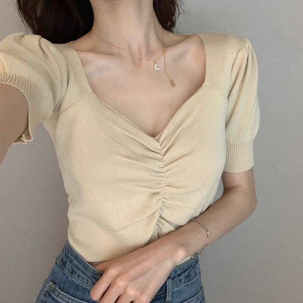 

slim puff bottoming short-sleeved v-neck sweater coat women 2020, White
