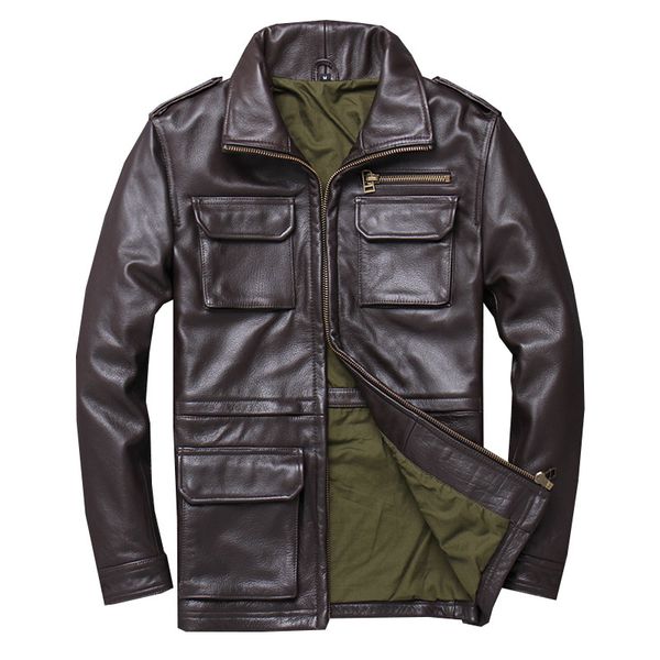 

2019 brown men m65 american casual leather jacket plus size xxxxxl genuine thick cowhide spring natural slim fit leather coat, Black