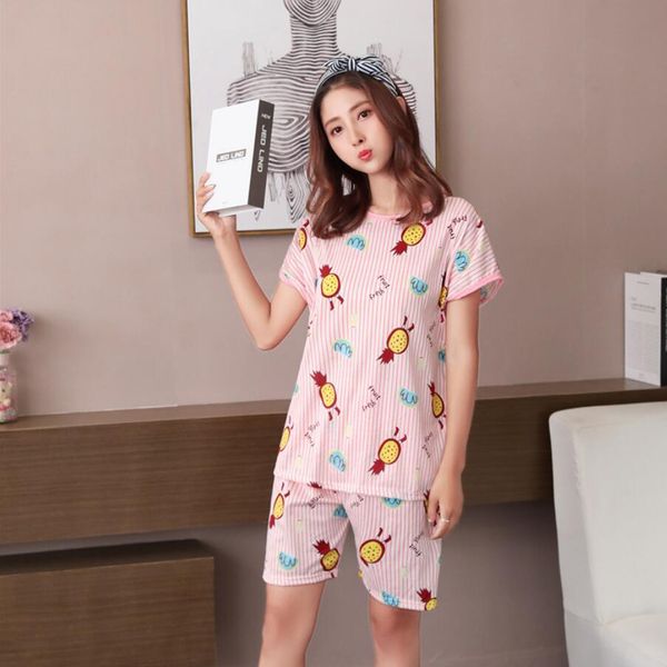 

short sleeved pajamas ladies summer pure cotton fresh student loose large size home wear two suits of milk silk, Blue;gray