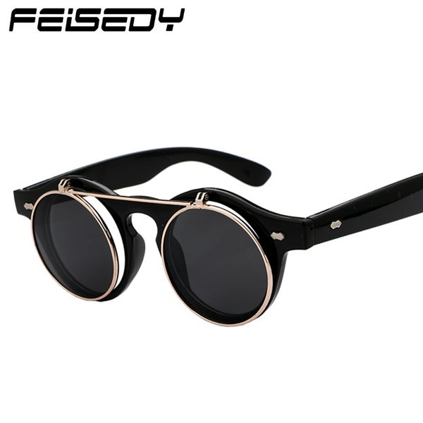 

feisedy fashion vintage steampunk goth sunglasses women retro round flip up sun glasses men steam punk eyewear lunettes gafas, White;black