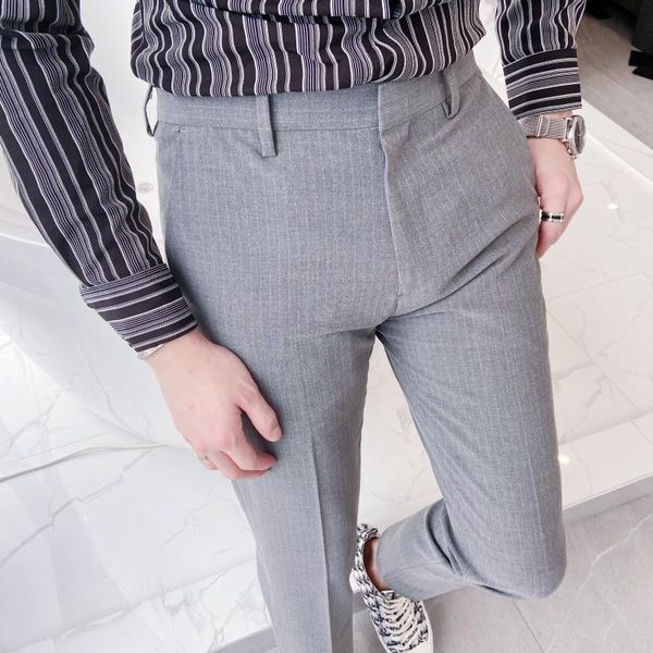 

men business casual slim fit stripe suit pant male retro fashion ankle-length pant trousers, White;black