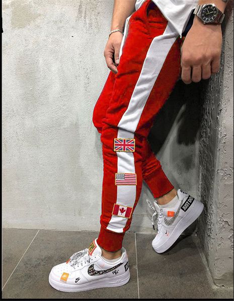 

Fashion Mens Panelled Pencil Pants Male Running Pants with Flag Patchwork Autumn Male Regular Sports Pants