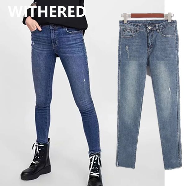 

withered england style high street denim jeans woman high waist jeans set with diamonds of striped skinnyripped for women, Blue
