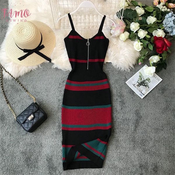 

dress vintage striped bodycon korean zipper vestido v neck knitting zippers stretch midi dresses summer dress women 12132, Black;gray
