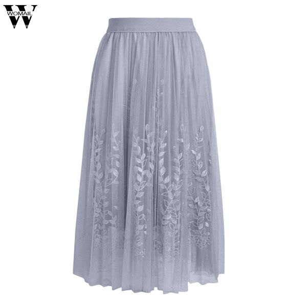 

womail skirt 1pc skirts summer casual women pleated skirt three-dimensional embroidery leaf mesh chiffon solid skirts 19 may20, Black