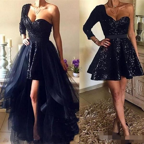 

black sequins prom dresses with detachable train tulle one shoulder long sleeves sash ribbon a line formal evening party gowns custom made
