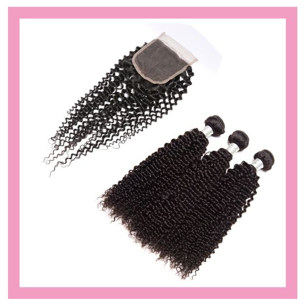 

malaysian kinky curly 3 bundles with 4x4 lace closure natural color part curly 4pcs virgin hair extensions, Black;brown