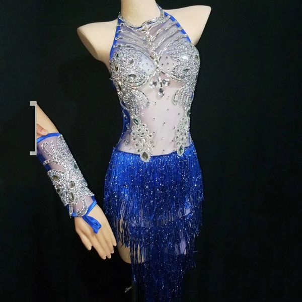 

fashion blue tassel stones dance bodysuit women singer leotard fringes costume celebrate outfit evening stage show vdb1008, Black;red