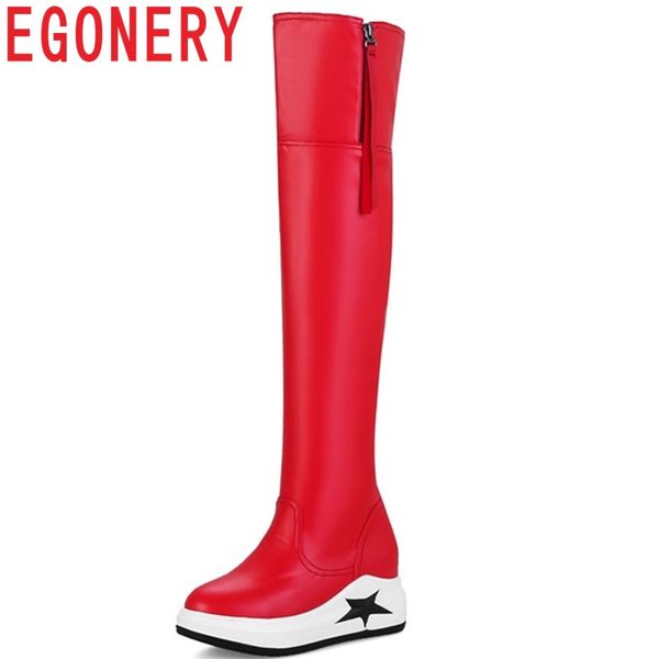 

egonery women shoes 2018 new popular round toe med wedges platform zip black and red concise casual winter warm over knee boots