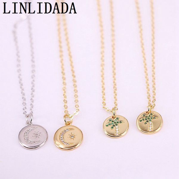 

10pcs gold / silver color round pendant necklaces cz zircon moon / tree jewelry necklaces