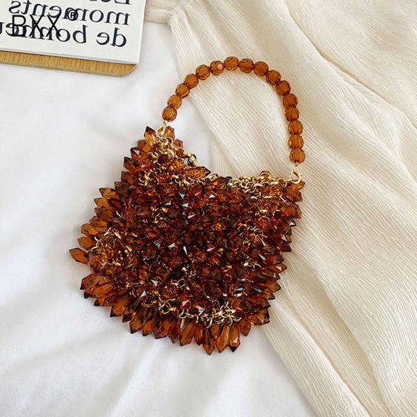 

bxx] transparent crystal hanging ring handmade woven bag 2020 spring new crystal party handbag beaded female bucket bags hl911