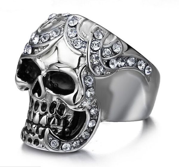 

hrn skull ring men's vintage gothic stainless steel rings skull wings motorcycle biker rings with cz size 8-12 k3704, Slivery;golden