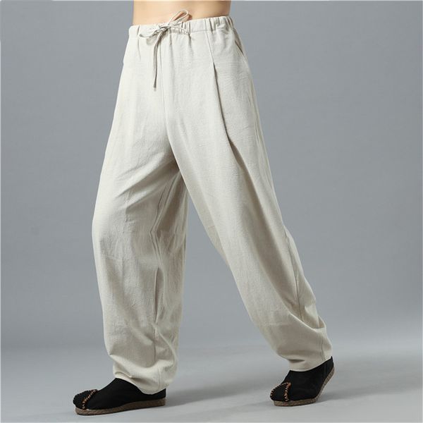 

men's summer cotton linen wide leg long pants casual loose solid high waist bloomers trousers plus size clothing m-6xl black red