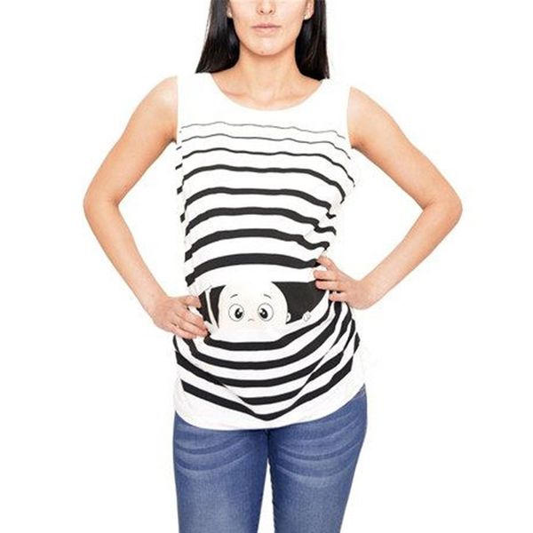 

maternity womenÂ cartoon baby striped sleeveless tank summer pregnancy vest, White