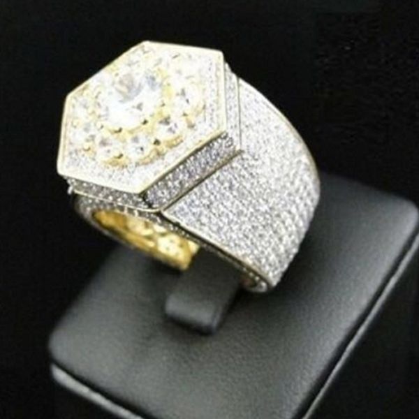 

wholesale-men's iced out cubic zircon bling ring gold color hexagon full cz jewelry micro paved iced out cubic zircon rings gifts, Silver