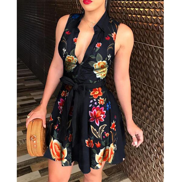 

casual dresses 2021 fashion floral print women summer dress sleeveless v-neck tie waist shirt, Black;gray