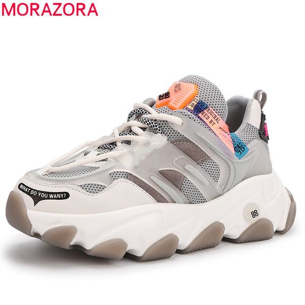

morazora 2020 sneaker women genuine leather mesh casual shoes round toe lace up spring summer flat platform shoes woman, Black