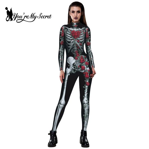 

you're my secret] 2018 halloween fashion women bodysuits skeleton rose 3d printing qmilch fabric jumpsuits party scary costumes, Black;red