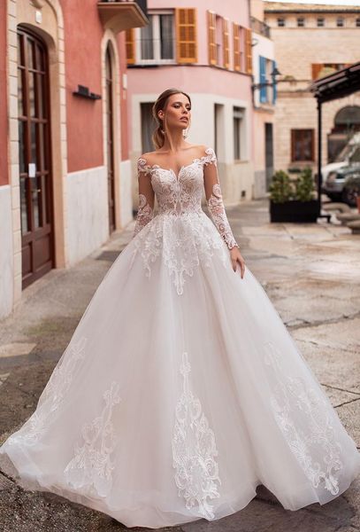 

naviblue 2020 princess wedding dresses scoop neck long sleeve lace bridal gowns abiti da sposa saudi custom illusion wedding dress wd078, White