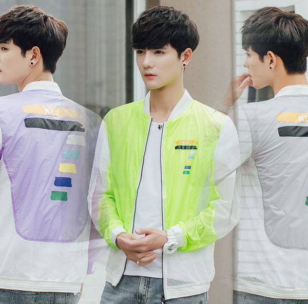 

17 летних мужская защита от солнца одежды hollow из сетки прозрачной рубашки slim fit смешанных цветов корейского стиль дождевик куртка win, Black;brown