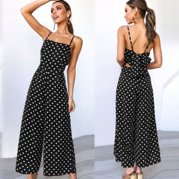 

womens dot holiday long jumpsuits sling rompers back bow costume polka dot print casual strap jumpsuit fashion women, Black;white