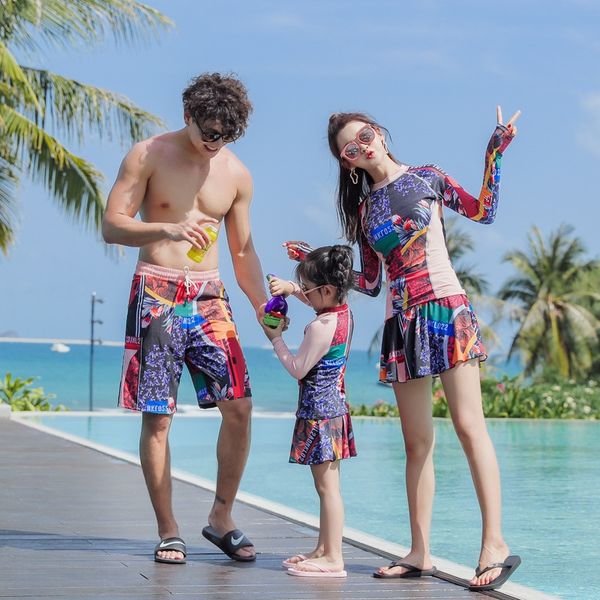 

parent-child casual sports women's beach pants three-piece swimsuit girl's three-piece swimsuit men's beach pants, White;black