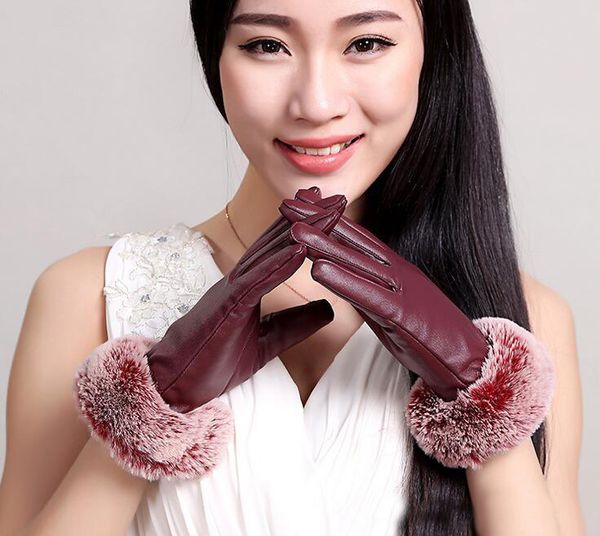 Мода-горячие женские зимние сенсорный экран промывают искусственные кожаные перчатки толстые накладки мода теплые перчатки 3 цвета для варианта
