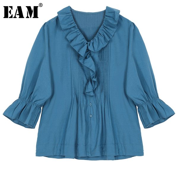 

eam] women ruffles pleated temperament blouse new v-collar long sleeve loose fit shirt fashion tide spring autumn 2020 1t378, White