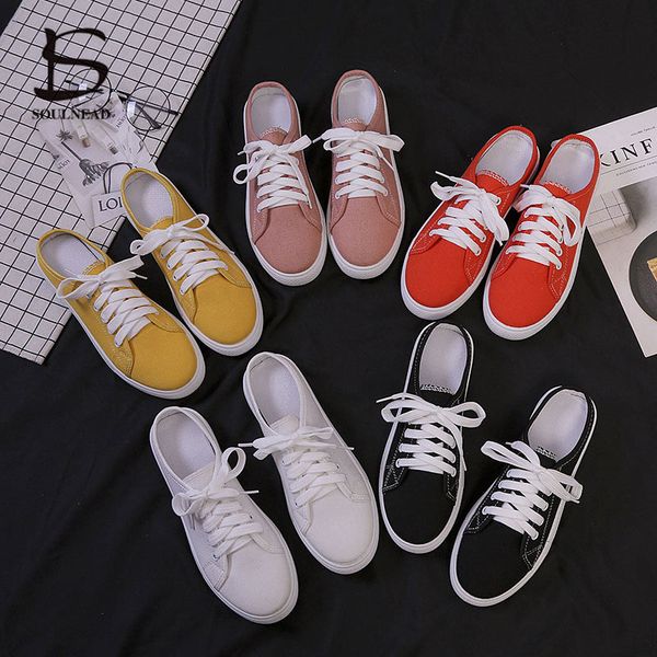 

spring new women's canvas shoes flat low-half slippers casual shoes fashion women's candy color lazy walking, Black