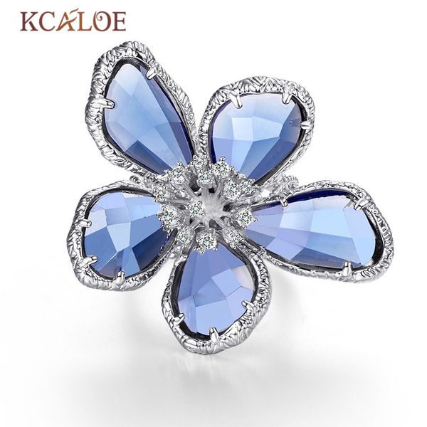 

kcaloe luxury blue transparent crystal big flowers rings for women rhinestone wedding engagement ring fashion jewelry anel, Golden;silver
