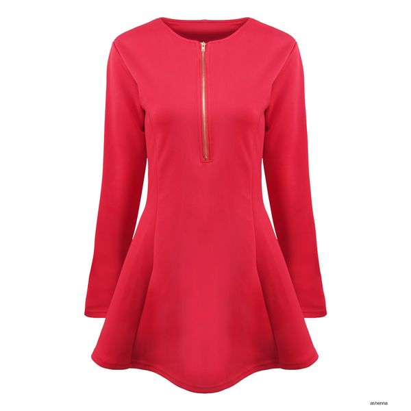 

womens designer zipper waist long sleeve big swing skirt slim solid color dressjeuk, Black;gray