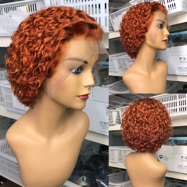 

pixie cut wig for women orange curly pixie wig human hair pre plucked bleached knots short bob 13x4 lace front wig 180% remy, Black