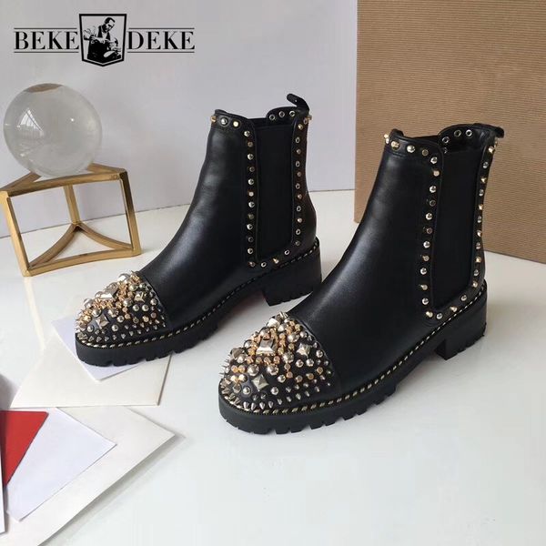 

fashion women winter punk rivets stuuded boots genuine leather shoes block heels casual female motorcycle ankle boots, Black