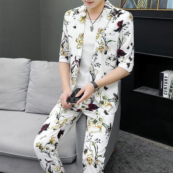 

summer flower 2pcs set business formal tuxedo costume 2020 men suit casual slim fit groom wedding suits single breasted regular, White;black