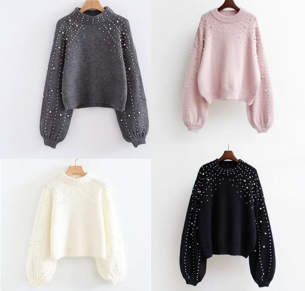 

new women cropped jumper pearl detailing knitwear puff wide sleeves, Tan;black
