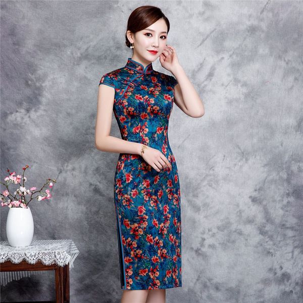 

new knee length rayon chinese style dress vintage ladies short qipao classic stage show elegant female cheongsam plus size xxxxl, Red