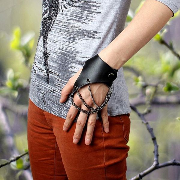 

black hand guard chain pu leather bracelet bangle biker punk rock jewelry, Golden;silver