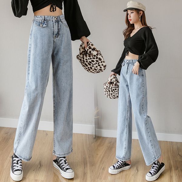 

wind wide-leg jeans women 2020 spring high waist straight slim thin loose loose light trousers, Blue
