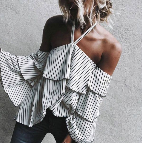 

women t-shirt ladies casual rufflese off shoulder blous long sleeves bodycon cut out shirt, White