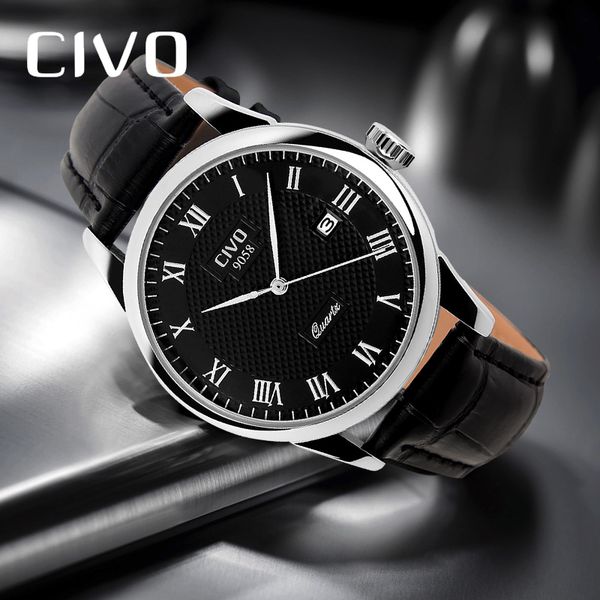 

civo genuine leather mens watches quartz analog watch for men business casual wristwatch man relogio masculino, Slivery;brown