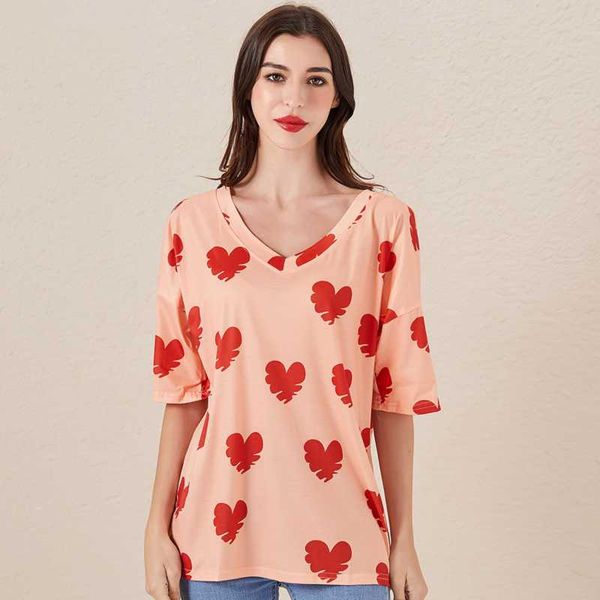 

summer casual loose v neck heart shaped print t-shirt femal streetwear fashion tee slim fit t-shirt, White