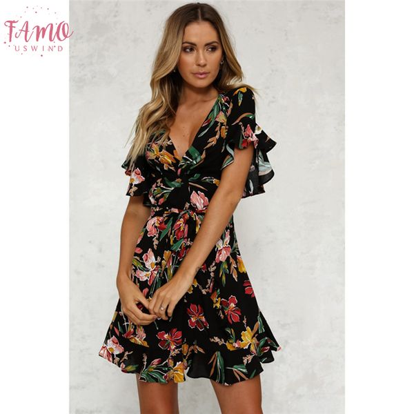 

new fashion womens boho v neck short sleeve bohemian dress floral printed slim dress ladies beach evening party mini sundress summer, Black;gray