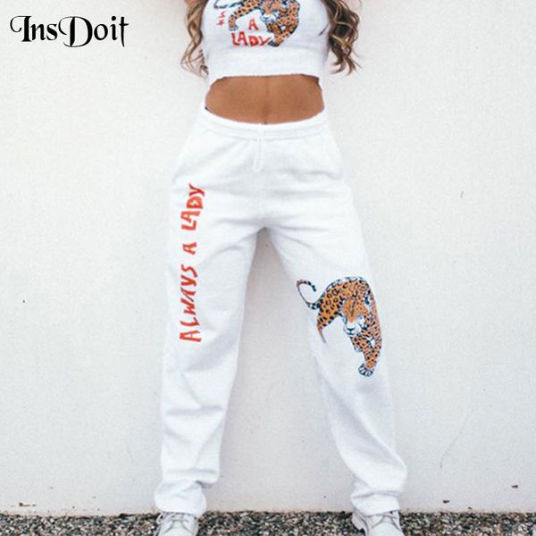 

insdoit casual streetwear letter print white harem pants women punk elastic waist pants hip hop funny print cotton trousers, Black;white