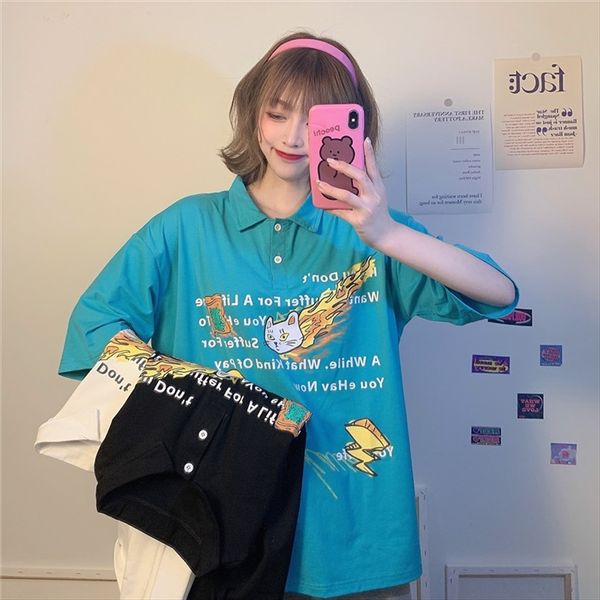 

6535 cotton 2020polo collar loose printing short-sleeved t-shirt female students clothes women's clothing wear 6535 cotton 2020polo col, White