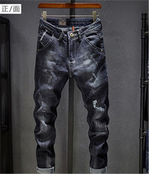

men distressed ripped jeans fashion designer straight motorcycle biker jeans causal denim pants streetwear style jeans cool size 28-36, Blue