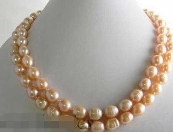 

2 strands 18''9-10mm rice pink rice freshwater pearl necklace, Silver